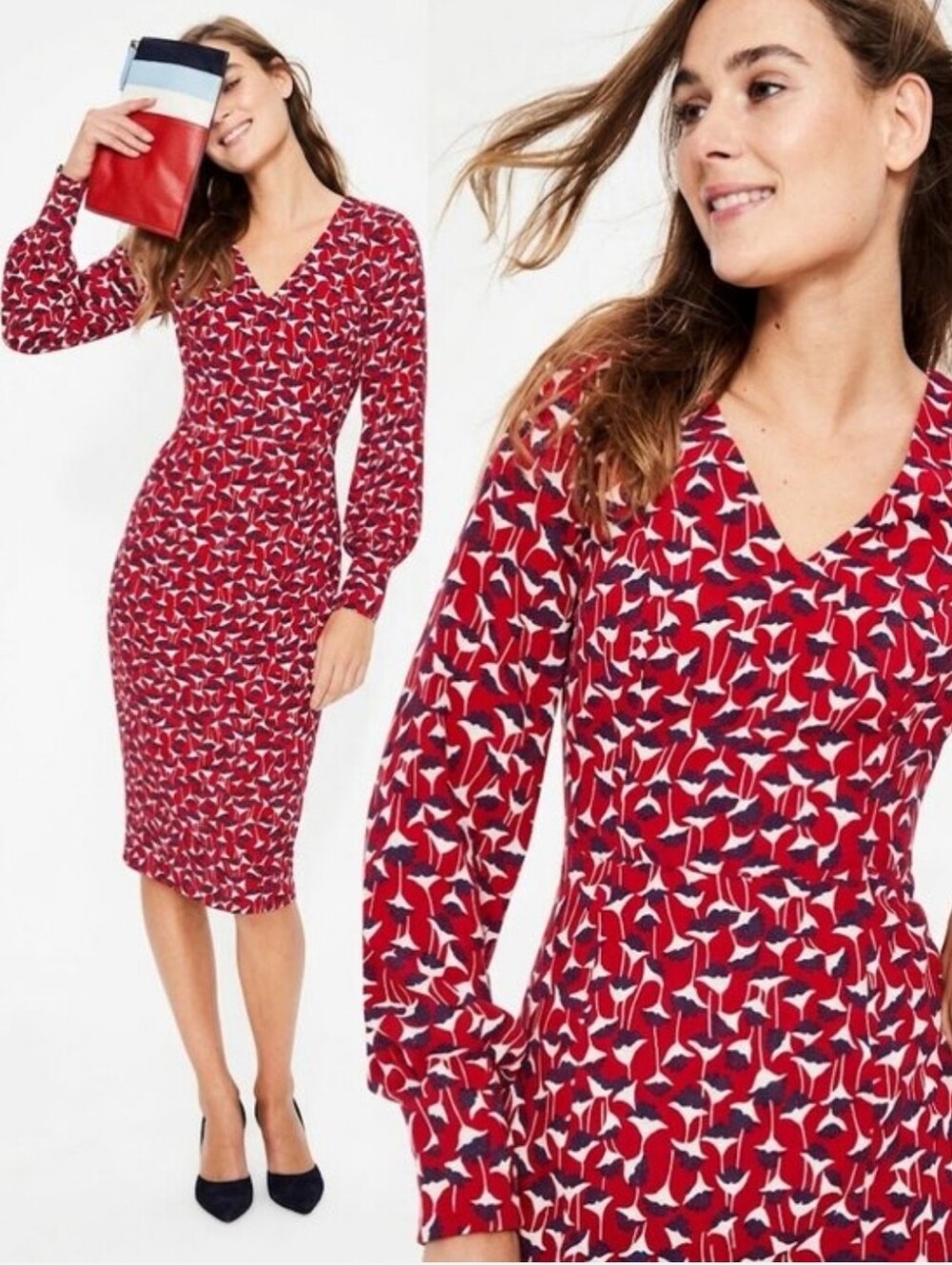 Boden Hannah Sheath Midi Dress 18L Red Geometric Floral V-Neck Long Sleeve Tall
